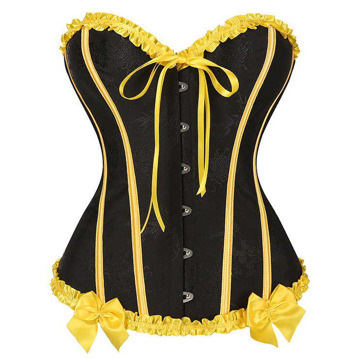 black corset, yellow trim, Victorian corset, lace-up bustier, gothic steampunk, waist training, costume corset, boned corset, bee-inspired, satin ribbon, sweetheart neckline, metal grommets, retro corset, dramatic lingerie, cosplay corset #N23809