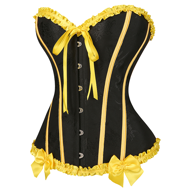 black corset, yellow trim, Victorian corset, lace-up bustier, gothic steampunk, waist training, costume corset, boned corset, bee-inspired, satin ribbon, sweetheart neckline, metal grommets, retro corset, dramatic lingerie, cosplay corset #N23809