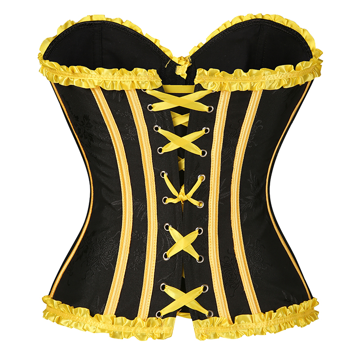 black corset, yellow trim, Victorian corset, lace-up bustier, gothic steampunk, waist training, costume corset, boned corset, bee-inspired, satin ribbon, sweetheart neckline, metal grommets, retro corset, dramatic lingerie, cosplay corset #N23809