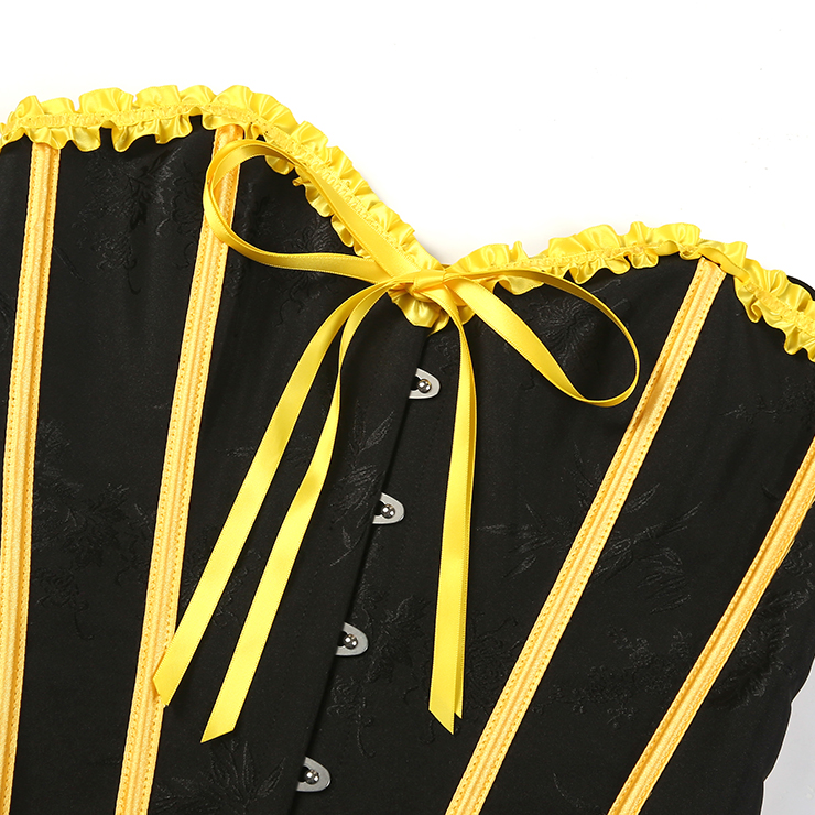 black corset, yellow trim, Victorian corset, lace-up bustier, gothic steampunk, waist training, costume corset, boned corset, bee-inspired, satin ribbon, sweetheart neckline, metal grommets, retro corset, dramatic lingerie, cosplay corset #N23809