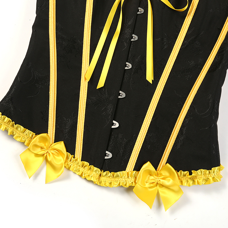 black corset, yellow trim, Victorian corset, lace-up bustier, gothic steampunk, waist training, costume corset, boned corset, bee-inspired, satin ribbon, sweetheart neckline, metal grommets, retro corset, dramatic lingerie, cosplay corset #N23809