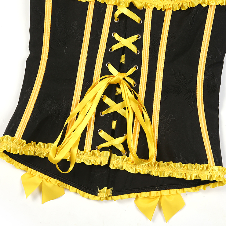 black corset, yellow trim, Victorian corset, lace-up bustier, gothic steampunk, waist training, costume corset, boned corset, bee-inspired, satin ribbon, sweetheart neckline, metal grommets, retro corset, dramatic lingerie, cosplay corset #N23809