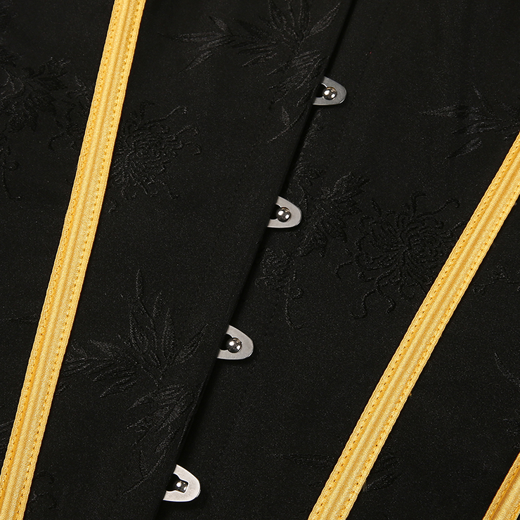 black corset, yellow trim, Victorian corset, lace-up bustier, gothic steampunk, waist training, costume corset, boned corset, bee-inspired, satin ribbon, sweetheart neckline, metal grommets, retro corset, dramatic lingerie, cosplay corset #N23809