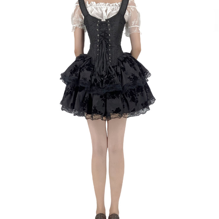Sexy Gothic Overbust Corset And White Ruched Ruffled Crop Top Mini Skirt Set, Burlesque Overbust Corset, Steampunk Brocade Bodyshaper Corset, Sexy Gothic Jacquard Corset, #N22377