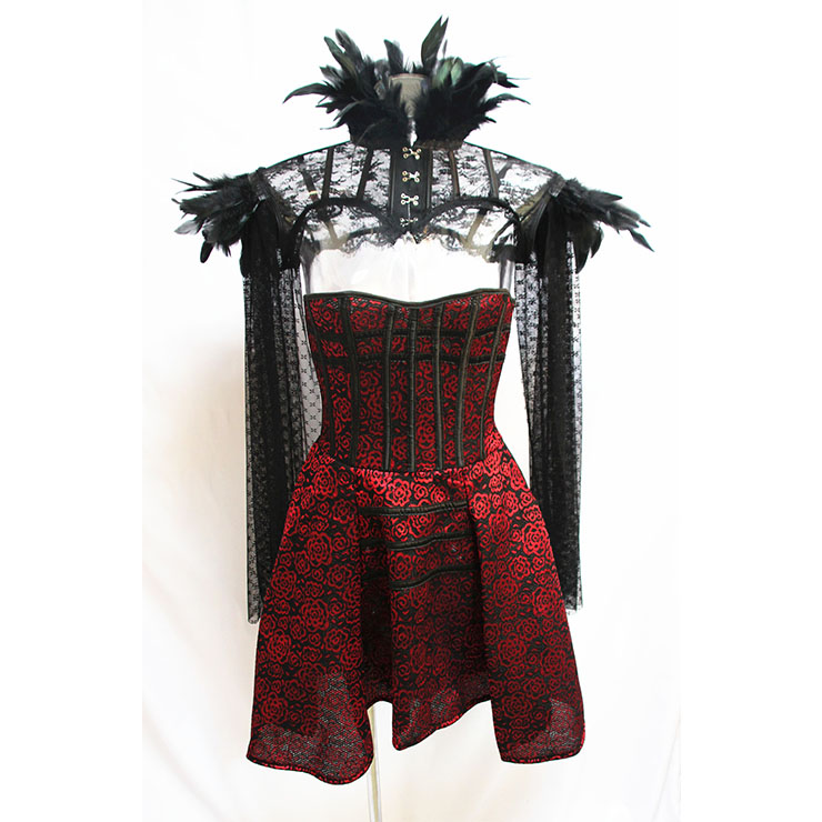 Gothic Vampire Strapless Floral Corset Dress with Feather High Neck ...