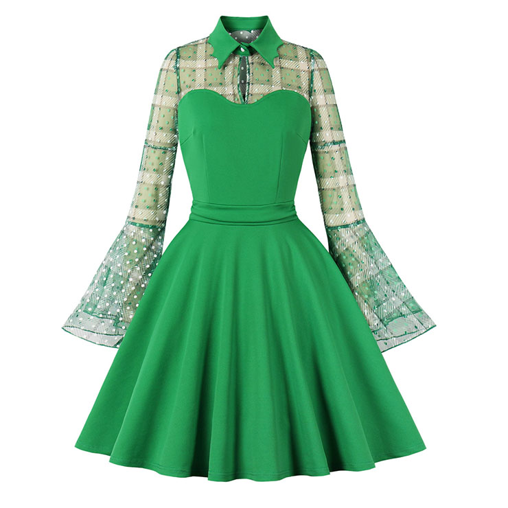Round Dot Grid Party Dress,Lapel Party Dress,Vintage Flare Sleeve Swing Dresses,A-line Cocktail Party Swing Dresses,Retro Green Dress,Flare Sleeve Stitching Day Dress,Retro Long Sleeve Green Dress #22472
