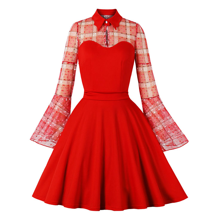 Vintage Red Lapel See-through Mesh Round Dot Grid Flare Sleeve Stitching A-line Dress N22471