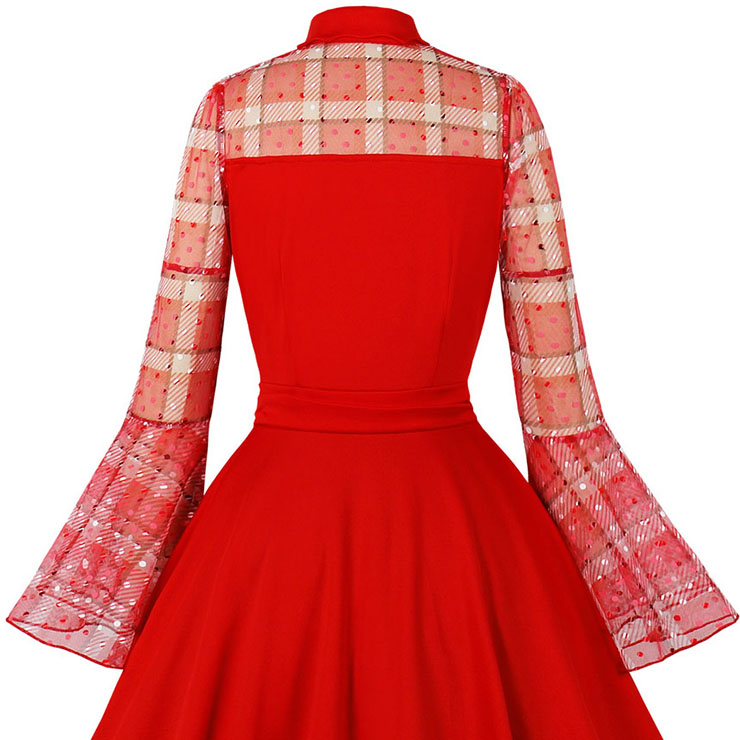 Round Dot Grid Party Dress,Lapel Party Dress,Vintage Flare Sleeve Swing Dresses,A-line Cocktail Party Swing Dresses,Retro Red Dress,Flare Sleeve Stitching Day Dress,Retro Long Sleeve Red Dress #22471