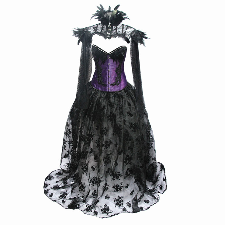Victorian Gothic Satin Overbust Corset Feather Collar Shrug Organza High Low Skirt Set N19603