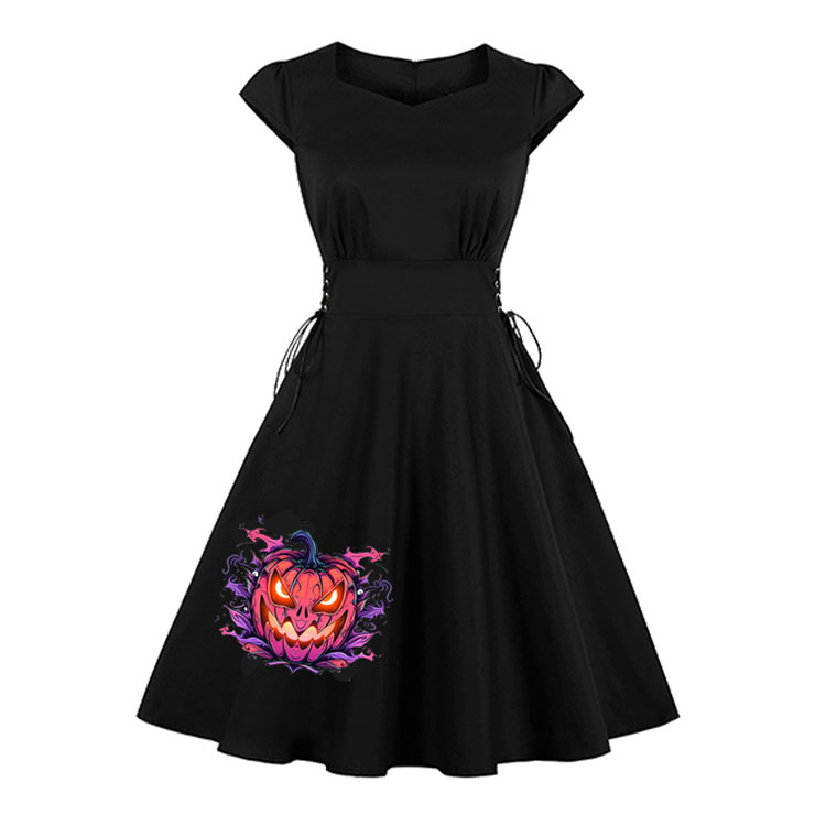 Gothic Small Pumpkin Devil Embroidered Side Lace-up High Waist Halloween Party Midi Dress N23398
