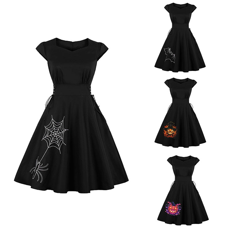 Cute Swing Dress, Retro Small Pumpkin Devil Embroidery Dresses for Women 1960, Vintage Dresses 1950