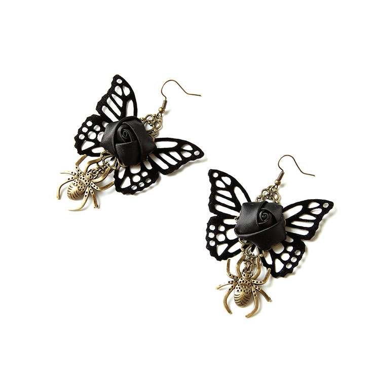 Retro Black Butterfly and Rose Earrings, Gothic Style Earrings, Fashion Black Rose Earrings for Women, Vintage Butterfly Earrings, Casual Earrings, Victorian Gothic Black Pendant Earrings, Fashion Earrings, #J21466