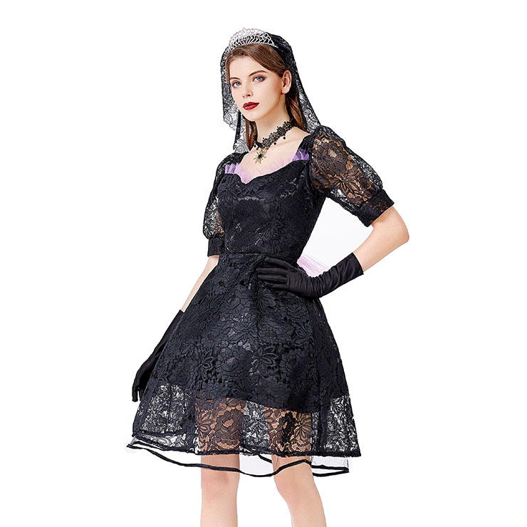 Gothic Vampire Black Multi-layered Lace Wedding Dress Adult Ghost Bride