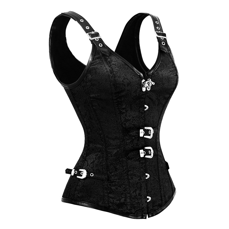Vested Brocade Gothic Overbust Corset, Steel Boned Corset, Steampunk Corset Vest for Women, Gothic Black Strap Overbust Corset, #N13089
