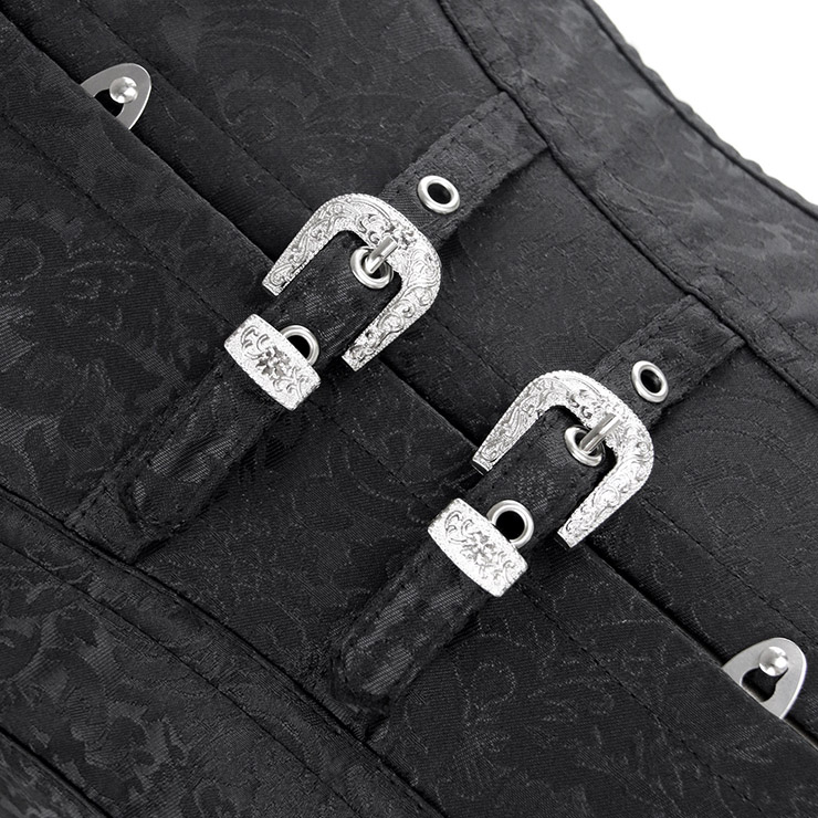 Vested Brocade Gothic Overbust Corset, Steel Boned Corset, Steampunk Corset Vest for Women, Gothic Black Strap Overbust Corset, #N13089