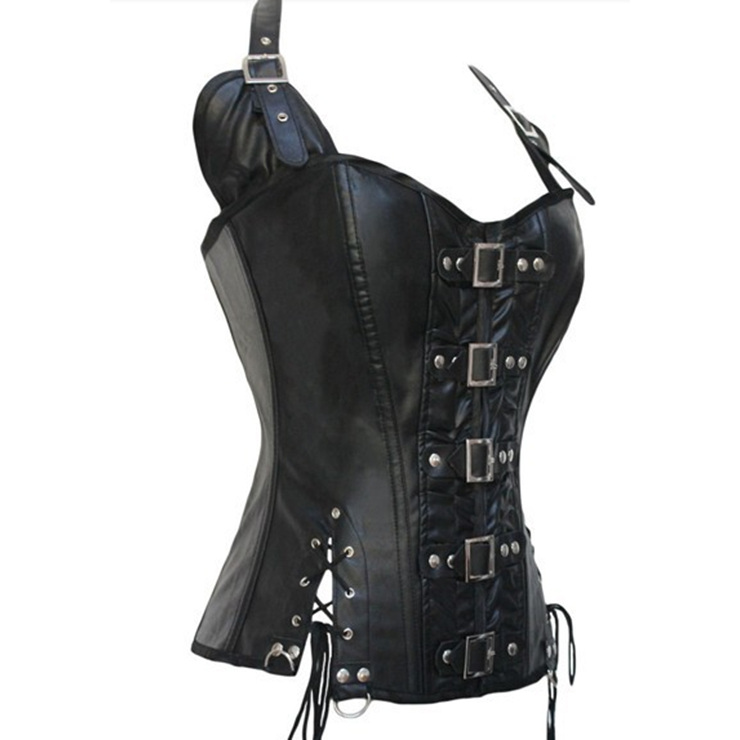 Vested Brocade Gothic Overbust Corset, Plastic Boned Corset, Steampunk Corset Vest for Women, Gothic Black Strap Overbust Corset, #N14166
