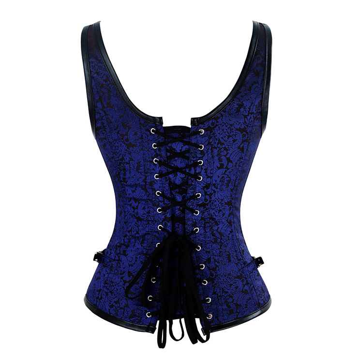 Vested Brocade Gothic Overbust Corset, Steel Boned Corset, Steampunk Corset Vest for Women, Gothic Black Strap Overbust Corset, #N13091