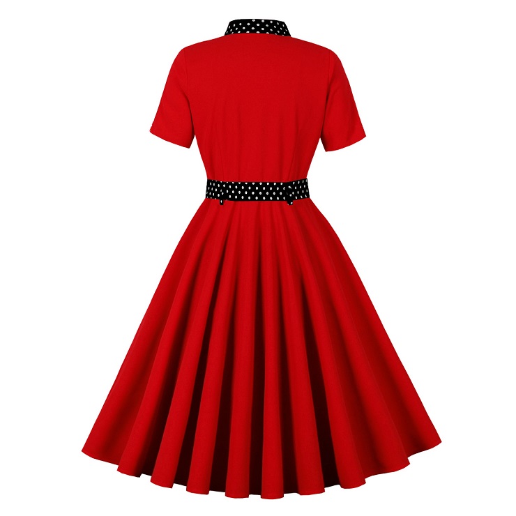 Audrey Hepburn dress, vintage polka dot dress, A-line midi dress, red black dress, bow tie collar, puffed sleeve dress, 1950s style dress, retro tea dress, waist tie dress, cotton vintage dress #N237809