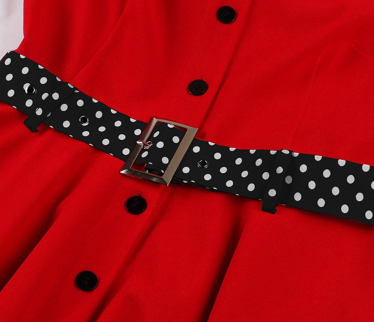 Audrey Hepburn dress, vintage polka dot dress, A-line midi dress, red black dress, bow tie collar, puffed sleeve dress, 1950s style dress, retro tea dress, waist tie dress, cotton vintage dress #N237809