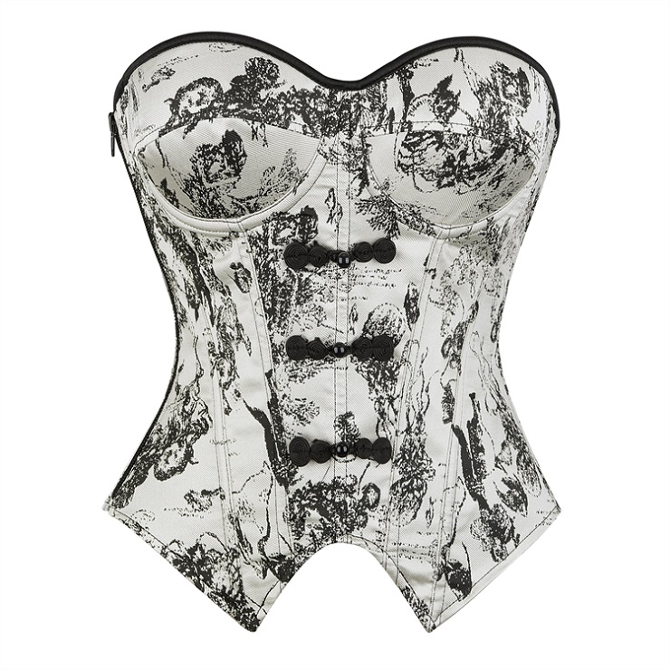 Gothic Vintage Print Corset Top – Victorian Style Bustier with Bow Details & Lace-Up Back N23911