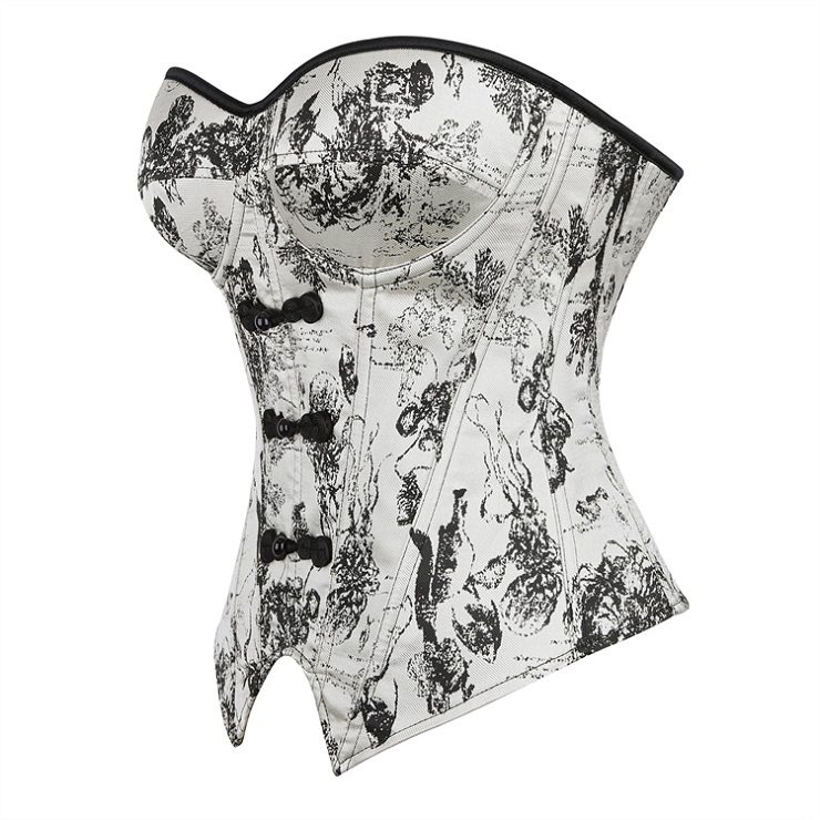 gothic corset, vintage toile corset, Victorian bustier, bow detail corset, lace-up back corset, black and white corset, steampunk top, alternative fashion, structured waist cincher, romantic goth, edgy lingerie, printed corset top, bustier with straps, vintage-inspired, feminine corset #N23911