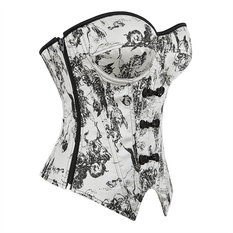 gothic corset, vintage toile corset, Victorian bustier, bow detail corset, lace-up back corset, black and white corset, steampunk top, alternative fashion, structured waist cincher, romantic goth, edgy lingerie, printed corset top, bustier with straps, vintage-inspired, feminine corset #N23911