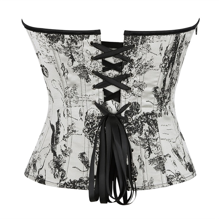 gothic corset, vintage toile corset, Victorian bustier, bow detail corset, lace-up back corset, black and white corset, steampunk top, alternative fashion, structured waist cincher, romantic goth, edgy lingerie, printed corset top, bustier with straps, vintage-inspired, feminine corset #N23911