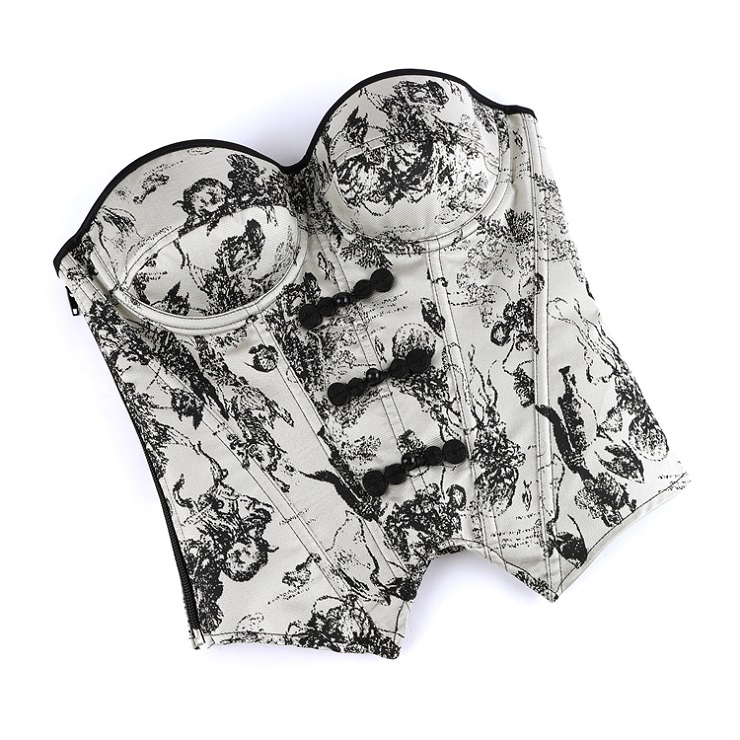 gothic corset, vintage toile corset, Victorian bustier, bow detail corset, lace-up back corset, black and white corset, steampunk top, alternative fashion, structured waist cincher, romantic goth, edgy lingerie, printed corset top, bustier with straps, vintage-inspired, feminine corset #N23911