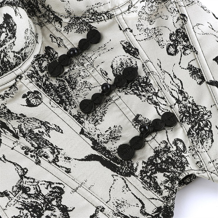 gothic corset, vintage toile corset, Victorian bustier, bow detail corset, lace-up back corset, black and white corset, steampunk top, alternative fashion, structured waist cincher, romantic goth, edgy lingerie, printed corset top, bustier with straps, vintage-inspired, feminine corset #N23911