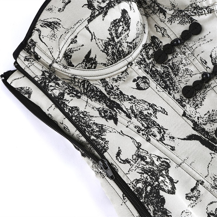 gothic corset, vintage toile corset, Victorian bustier, bow detail corset, lace-up back corset, black and white corset, steampunk top, alternative fashion, structured waist cincher, romantic goth, edgy lingerie, printed corset top, bustier with straps, vintage-inspired, feminine corset #N23911