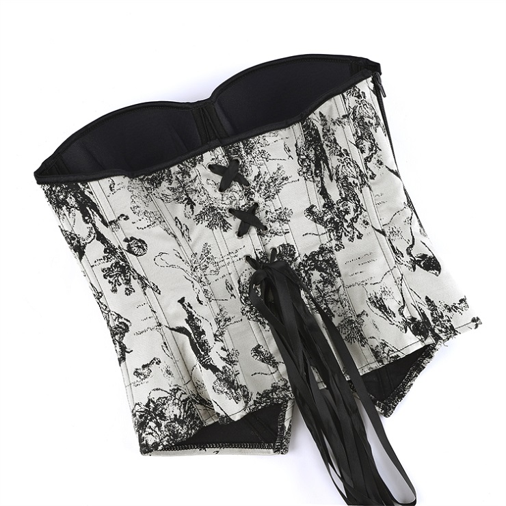 gothic corset, vintage toile corset, Victorian bustier, bow detail corset, lace-up back corset, black and white corset, steampunk top, alternative fashion, structured waist cincher, romantic goth, edgy lingerie, printed corset top, bustier with straps, vintage-inspired, feminine corset #N23911