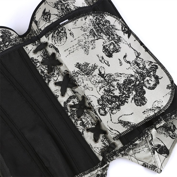 gothic corset, vintage toile corset, Victorian bustier, bow detail corset, lace-up back corset, black and white corset, steampunk top, alternative fashion, structured waist cincher, romantic goth, edgy lingerie, printed corset top, bustier with straps, vintage-inspired, feminine corset #N23911
