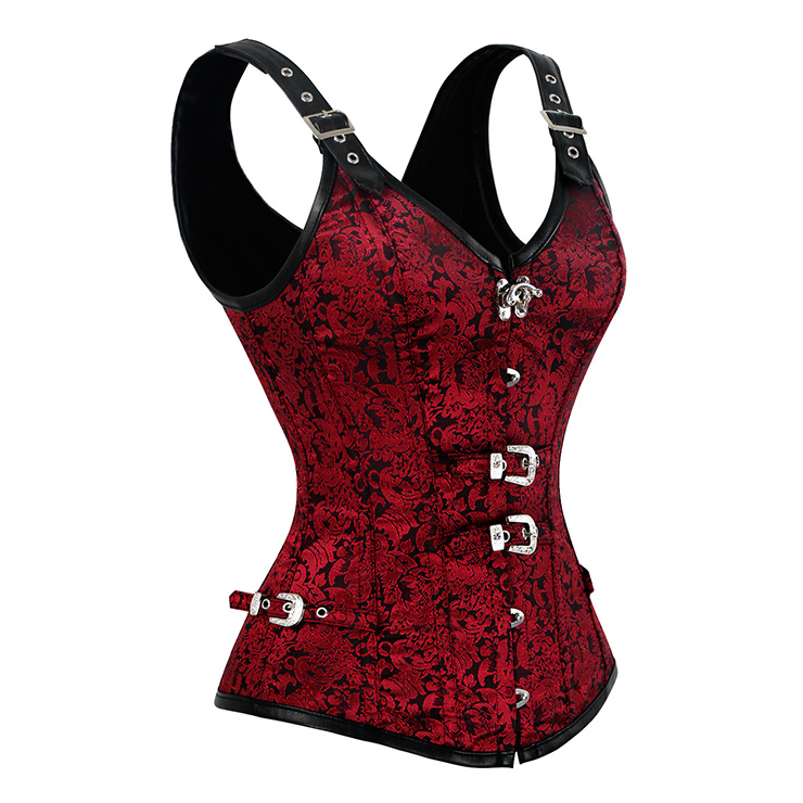 Vested Brocade Gothic Overbust Corset, Steel Boned Corset, Steampunk Corset Vest for Women, Gothic Black Strap Overbust Corset, #N13090