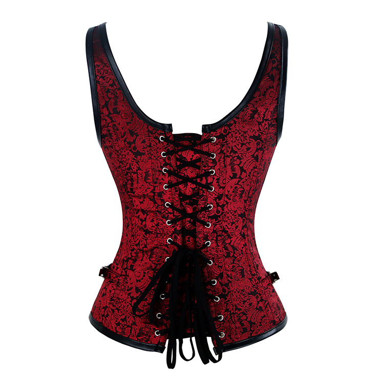 Vested Brocade Gothic Overbust Corset, Steel Boned Corset, Steampunk Corset Vest for Women, Gothic Black Strap Overbust Corset, #N13090