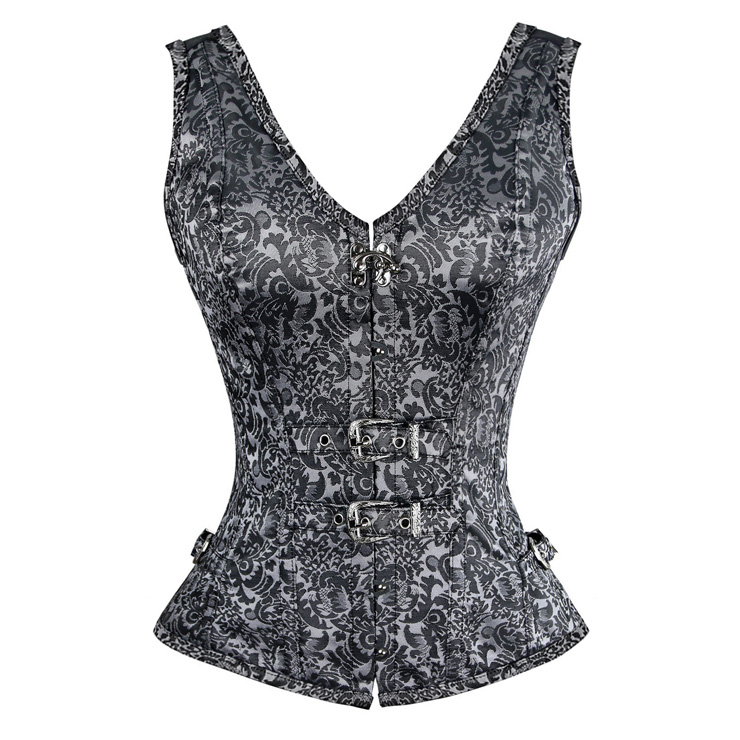 Steampunk Spiral Steel Boned Gothic Vintage Faux Deep V Bustier Corset Vest N11458