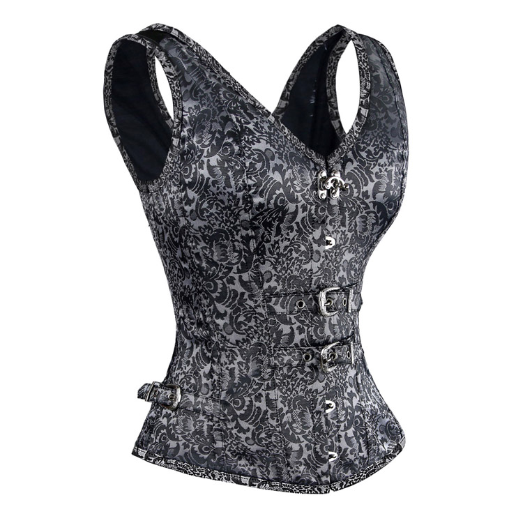 Vested Brocade Gothic Overbust Corset, Steel Boned Corset plus size, Steampunk Corset Vest for Women, Vintage Retro Overbust Corset, #N11458