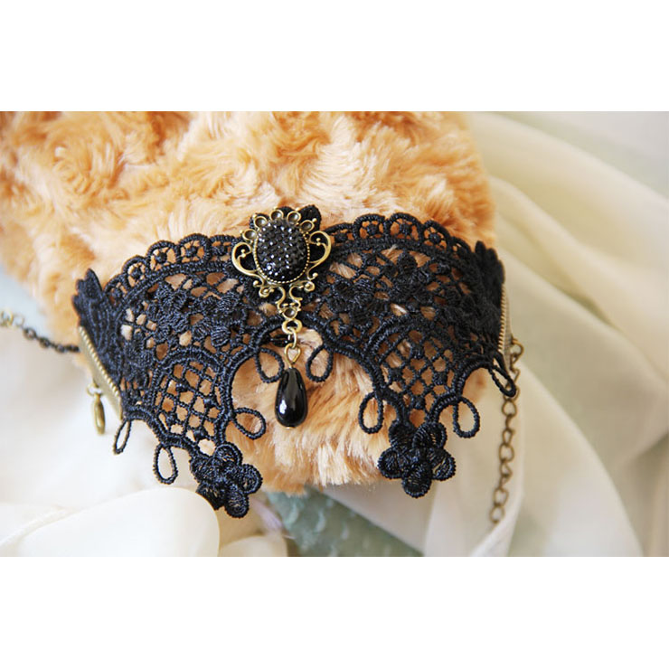 Gothic Wristband Black Lace Embellished Bracelet with Ring J18054