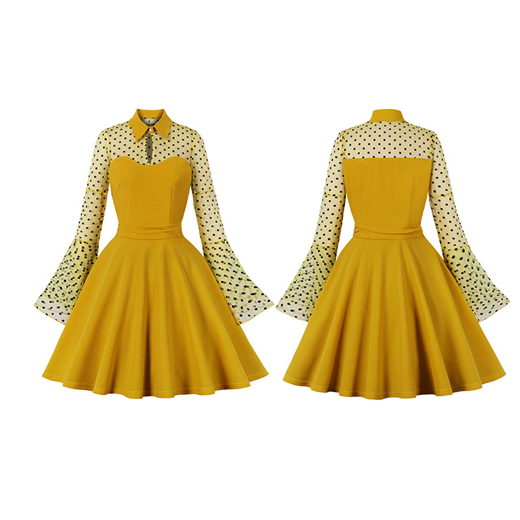 Round Dot Party Dress,Lapel Party Dress,Vintage Flare Sleeve Swing Dresses,A-line Cocktail Party Swing Dresses,Retro Yellow Dress,Flare Sleeve Stitching Day Dress,Retro Long Sleeve Yellow Dress #22466