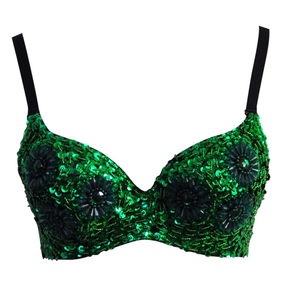 Green Floral Studded Bead Bra Top, Sequin B Cup Bra Top, Floral Studded Bead and Sequin Bra, #N6395