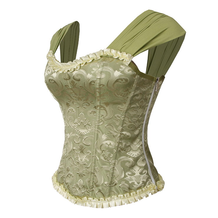 Green bustier, vintage corset, brocade corset, ruffle trim, Baroque style, dance costume, Renaissance wear, lace-up back, theatrical corset, historical costume, metallic brocade, vintage performance wear, puffed sleeve corset, bridal corset, adjustable corset #N237867