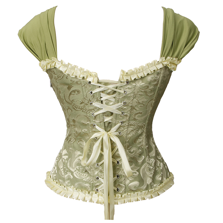 Green bustier, vintage corset, brocade corset, ruffle trim, Baroque style, dance costume, Renaissance wear, lace-up back, theatrical corset, historical costume, metallic brocade, vintage performance wear, puffed sleeve corset, bridal corset, adjustable corset #N237867