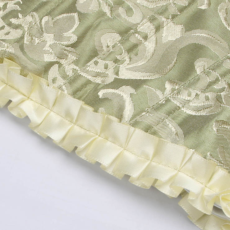 Green bustier, vintage corset, brocade corset, ruffle trim, Baroque style, dance costume, Renaissance wear, lace-up back, theatrical corset, historical costume, metallic brocade, vintage performance wear, puffed sleeve corset, bridal corset, adjustable corset #N237867