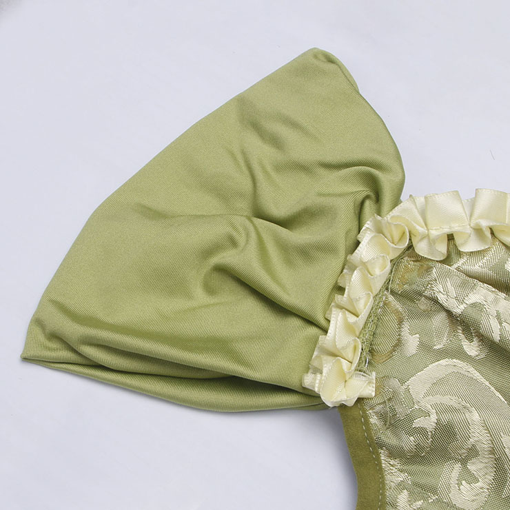 Green bustier, vintage corset, brocade corset, ruffle trim, Baroque style, dance costume, Renaissance wear, lace-up back, theatrical corset, historical costume, metallic brocade, vintage performance wear, puffed sleeve corset, bridal corset, adjustable corset #N237867