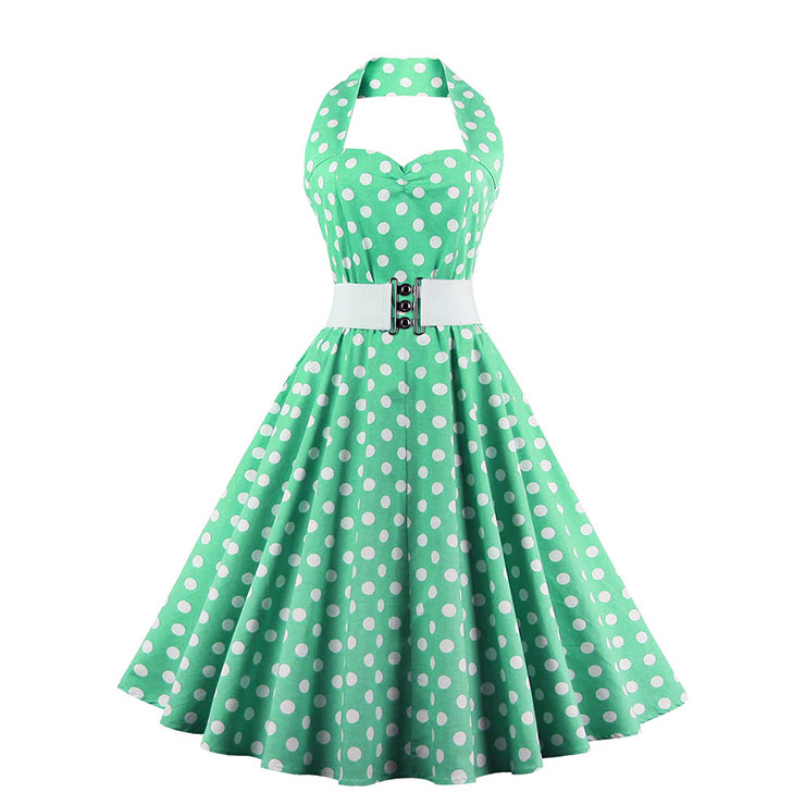 Vintage Wave Point Printing Green Hanging Neck Backless Cocktail Party Midi Dress N23001