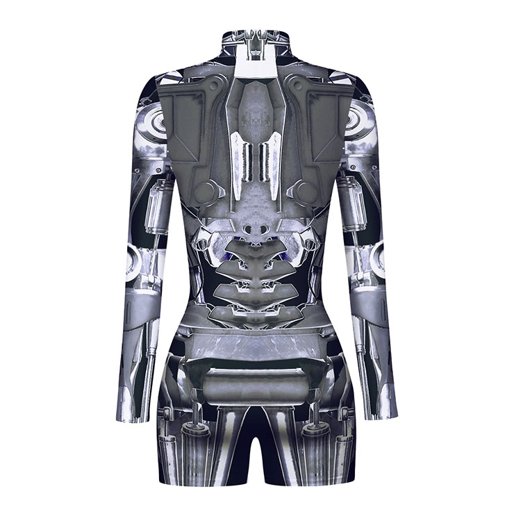 Robot Printed Jumpsuit, Halloween Robot High Neck Slim Fit Bodysuit, Halloween Bodycon Jumpsuit, Long Sleeve Shorts High Neck Jumpsuit, Halloween Robot Jumpsuit for Women. #N22341