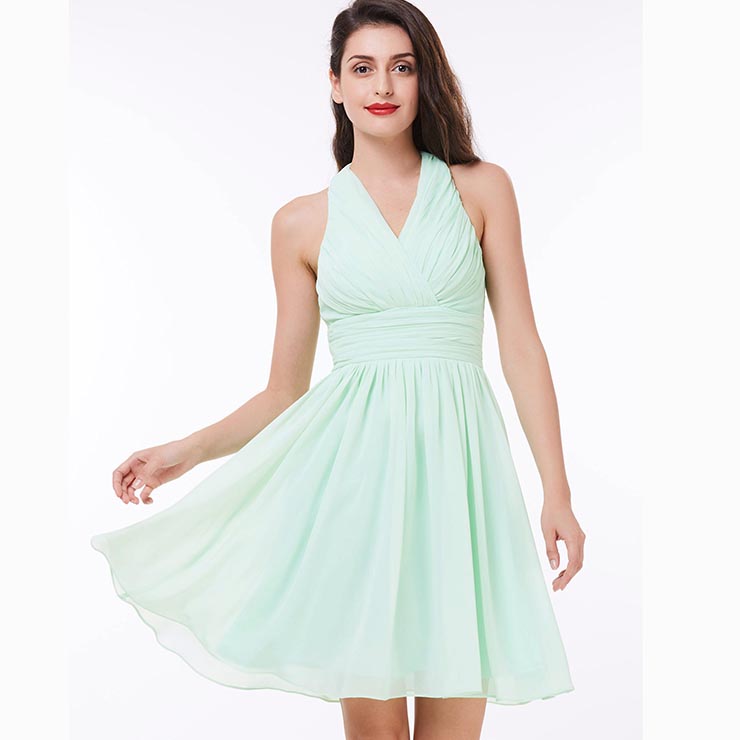 Women's Halter Draped Ruched Knee-Length Chiffon Prom Bridesmaid Party ...