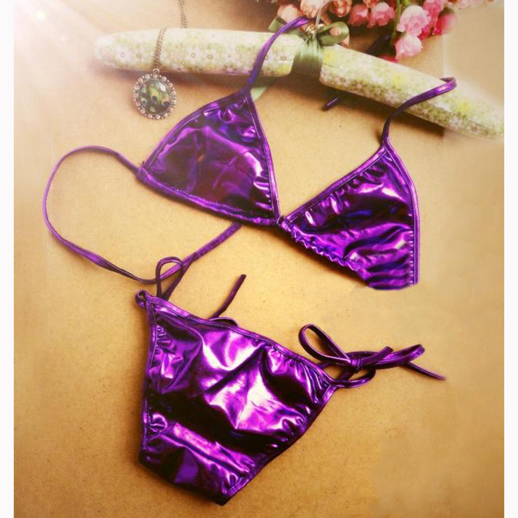 Halter Faux Leather Lingerie Set, Sexy Purple Leather Lingerie Set, Sexy Beach Bikini Lingerie Set, Sexy Bikini Lingerie Set for Women, Sexy Lace-up Leather Lingerie Set, Bra Top and Panty Set, #N16555