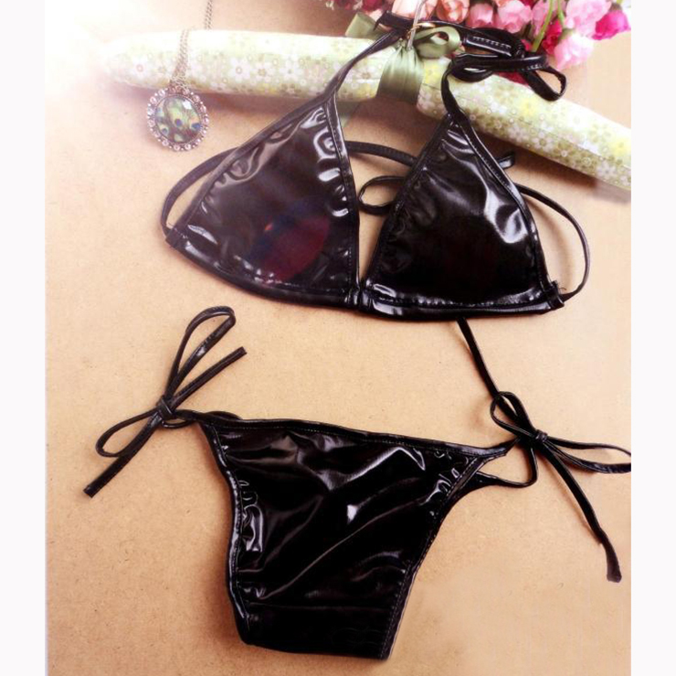 Sexy Black Halter Lace-up Faux Leather Bra Top and Panty Bikini Lingerie Set N16556