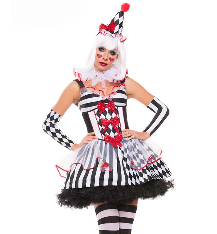 Harlequin Black-white Clown Adult Halloween Circus Costume N10832