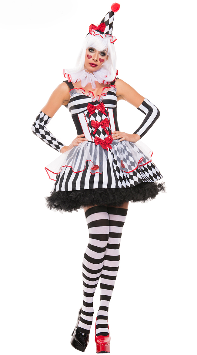 Harlequin Black-white Clown Adult Halloween Circus Costume N10832